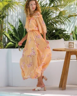 Hot Belle & Bloom Amour Amour Ruffled Midi Dress - Peach Peonies PeachPeonies