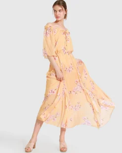 Hot Belle & Bloom Amour Amour Ruffled Midi Dress - Peach Peonies PeachPeonies