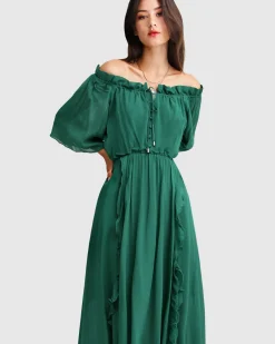 Clearance Belle & Bloom Amour Amour Ruffled Midi Dress - Dark Green DarkGreen