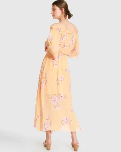 Hot Belle & Bloom Amour Amour Ruffled Midi Dress - Peach Peonies PeachPeonies