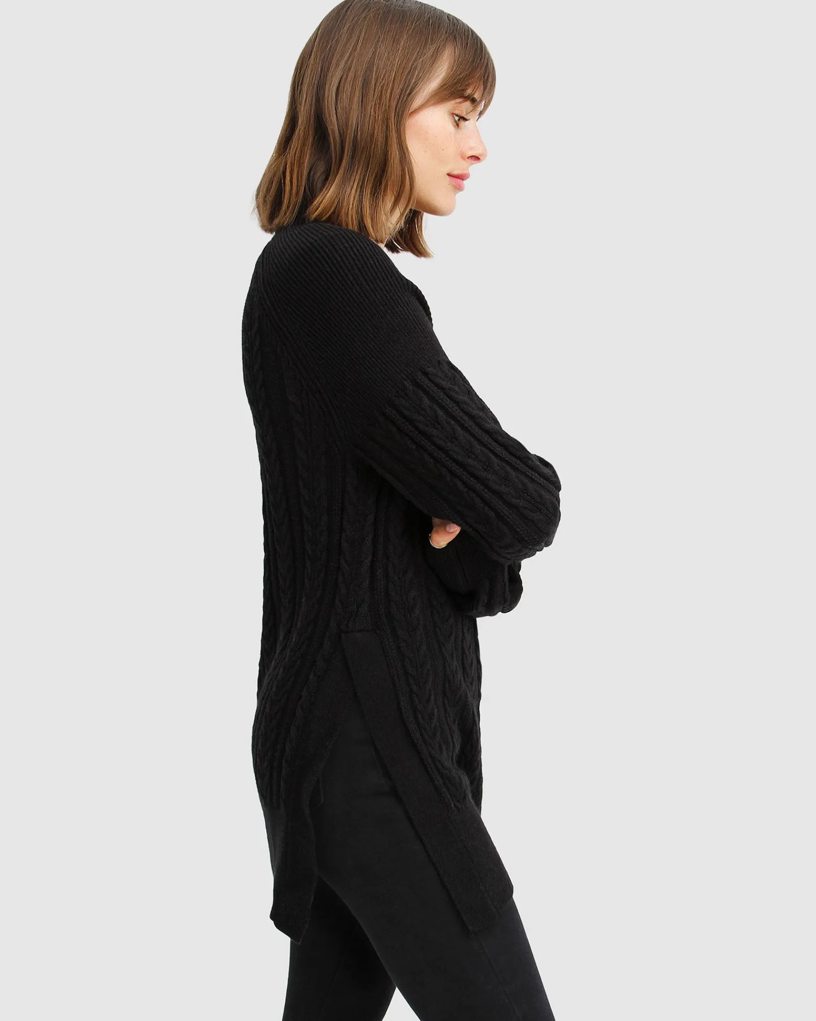 Online Belle & Bloom At Last Cable Knit Jumper with Slit - Black