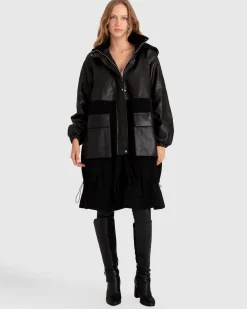 Fashion Belle & Bloom Back to Oversized Leather Panelled Coat - Black