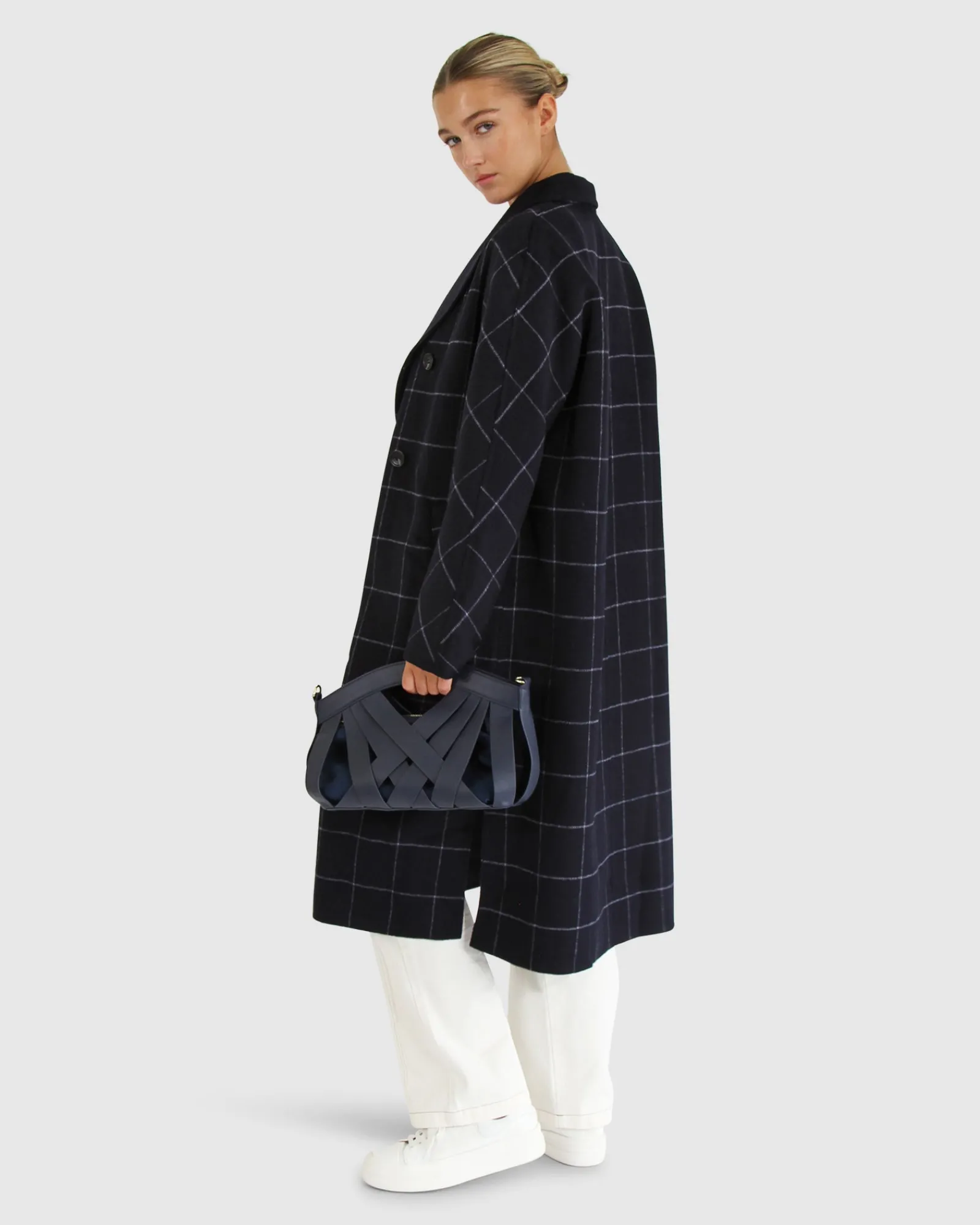 Discount Belle & Bloom Guestlist Oversized Double Breasted Coat - Navy Plaid NavyPlaid