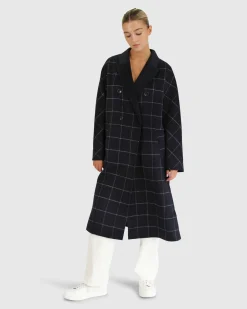 Discount Belle & Bloom Guestlist Oversized Double Breasted Coat - Navy Plaid NavyPlaid