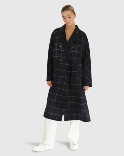 Discount Belle & Bloom Guestlist Oversized Double Breasted Coat - Navy Plaid NavyPlaid