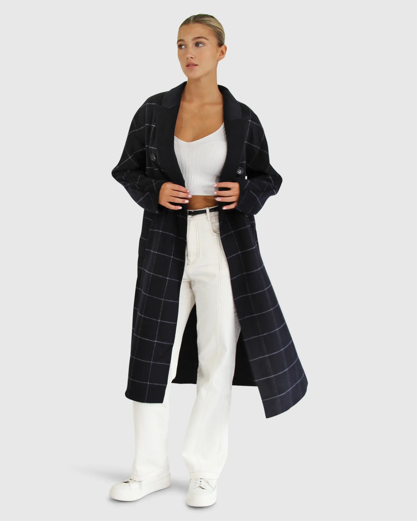 Discount Belle & Bloom Guestlist Oversized Double Breasted Coat - Navy Plaid NavyPlaid