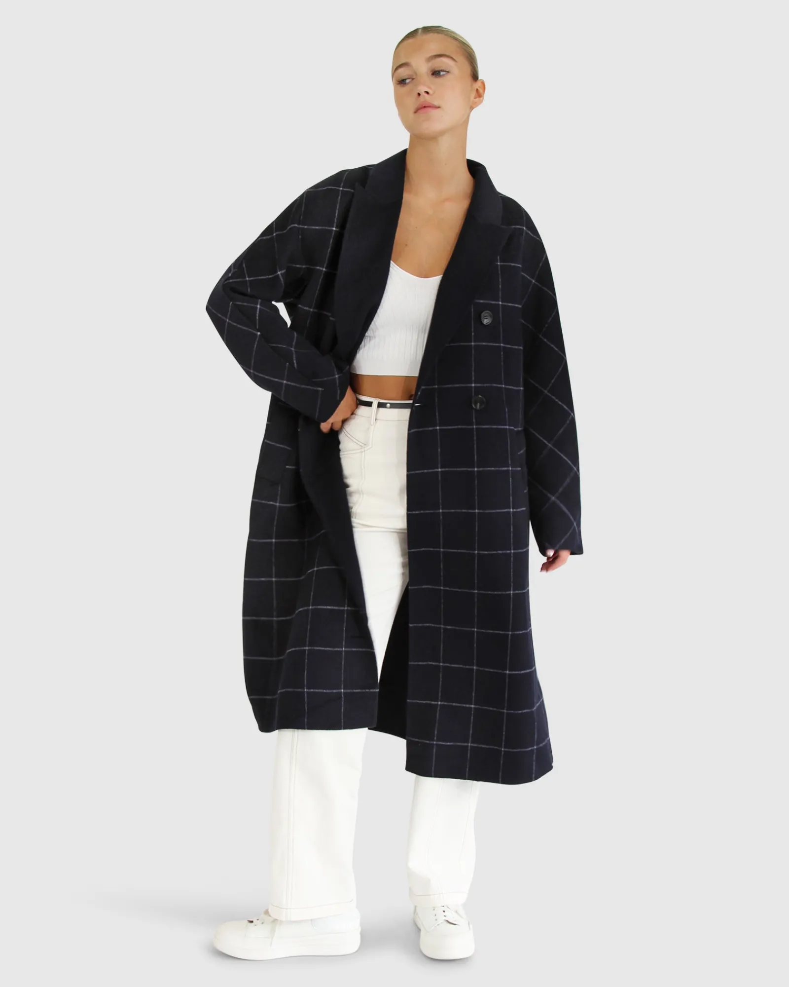 Discount Belle & Bloom Guestlist Oversized Double Breasted Coat - Navy Plaid NavyPlaid