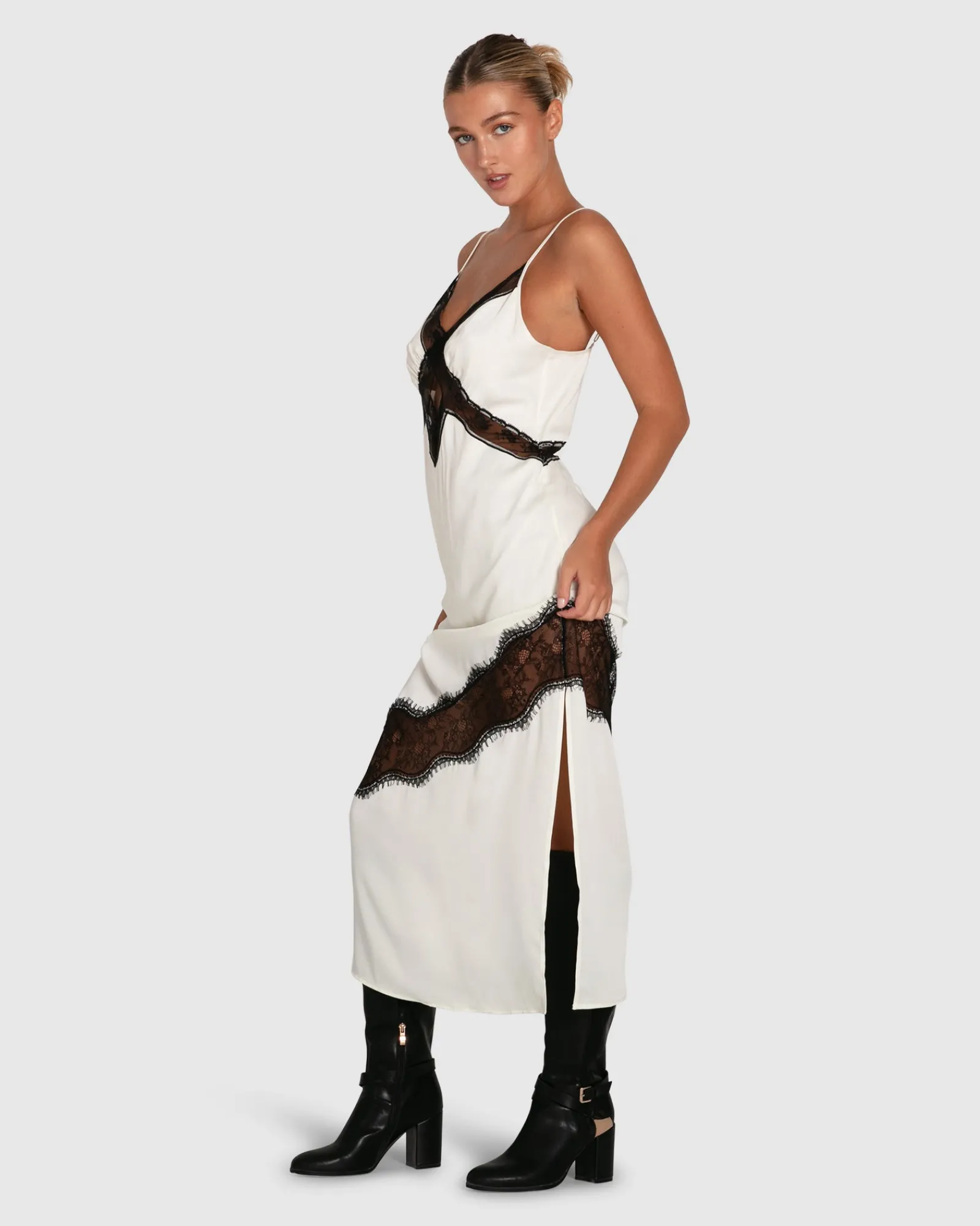 New Belle & Bloom Heavenly Bodies Lace Slip Dress - White/Black