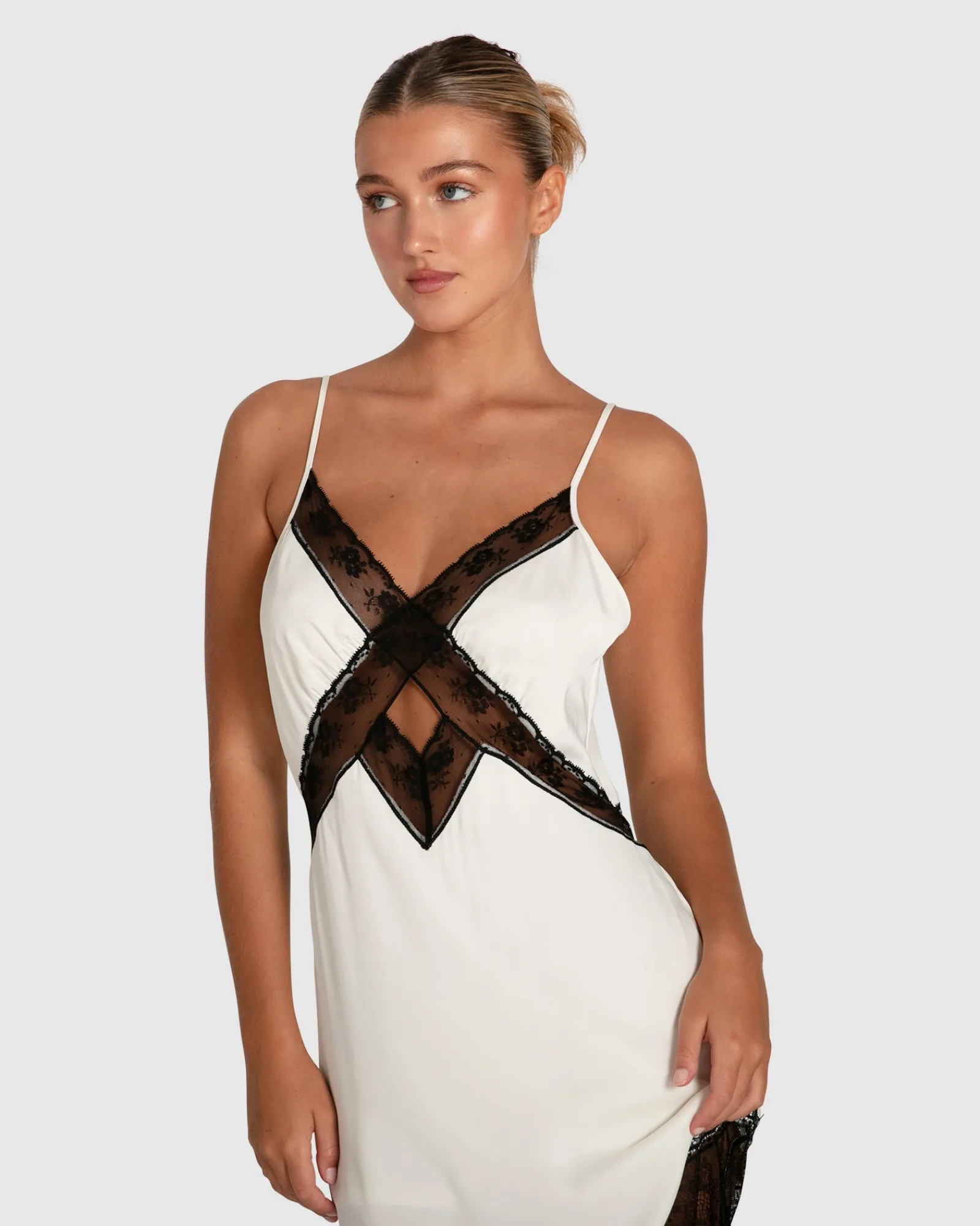 New Belle & Bloom Heavenly Bodies Lace Slip Dress - White/Black