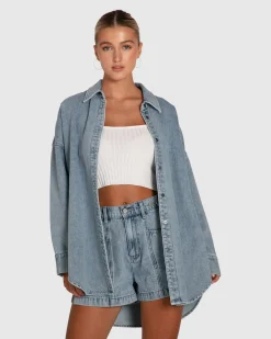 Discount Belle & Bloom Into Him Oversized Denim Shirt - Stonewash