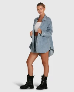 Discount Belle & Bloom Into Him Oversized Denim Shirt - Stonewash