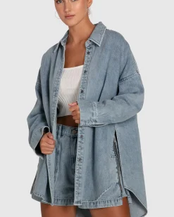 Discount Belle & Bloom Into Him Oversized Denim Shirt - Stonewash