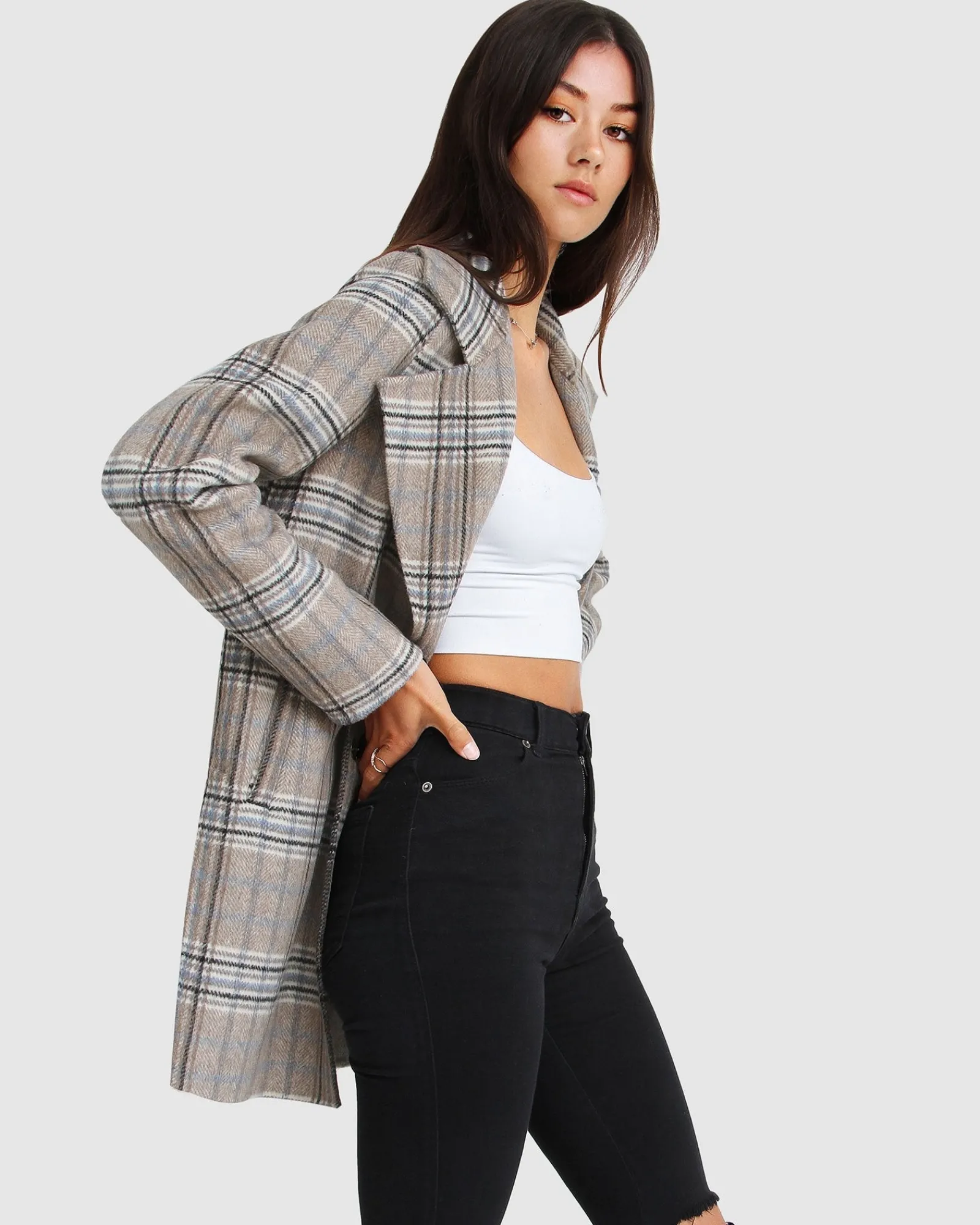 New Belle & Bloom NEW FIT Ex-Boyfriend Wool Blend Oversized Jacket - Oat Plaid BoyfriendWoolBlendOversizedJacket-OatPlaid
