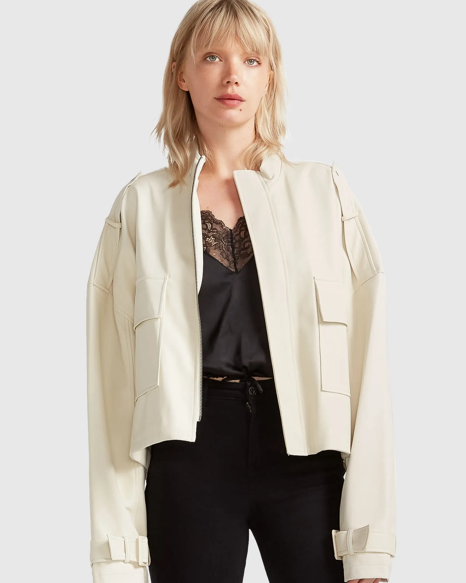 Discount Belle & Bloom Reload Draped Leather Look Jacket - Cream