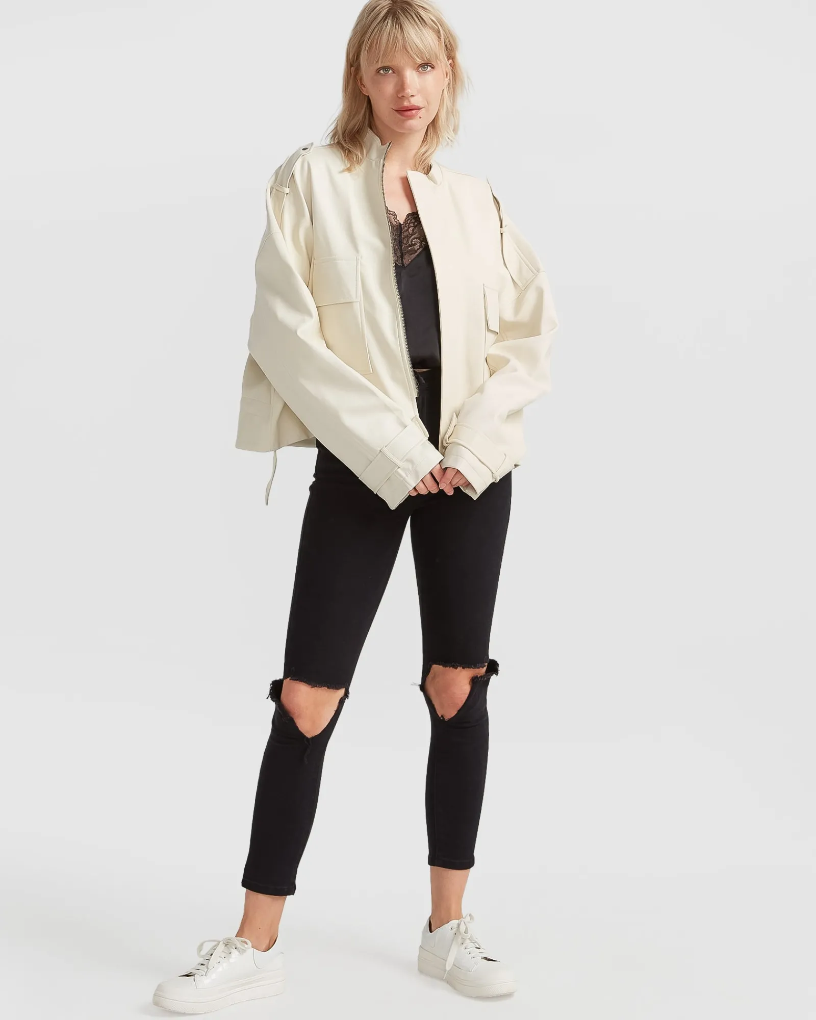 Discount Belle & Bloom Reload Draped Leather Look Jacket - Cream