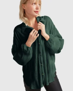 Outlet Belle & Bloom Serenade Velvet Plisse Shirt - Dark Teal DarkTeal