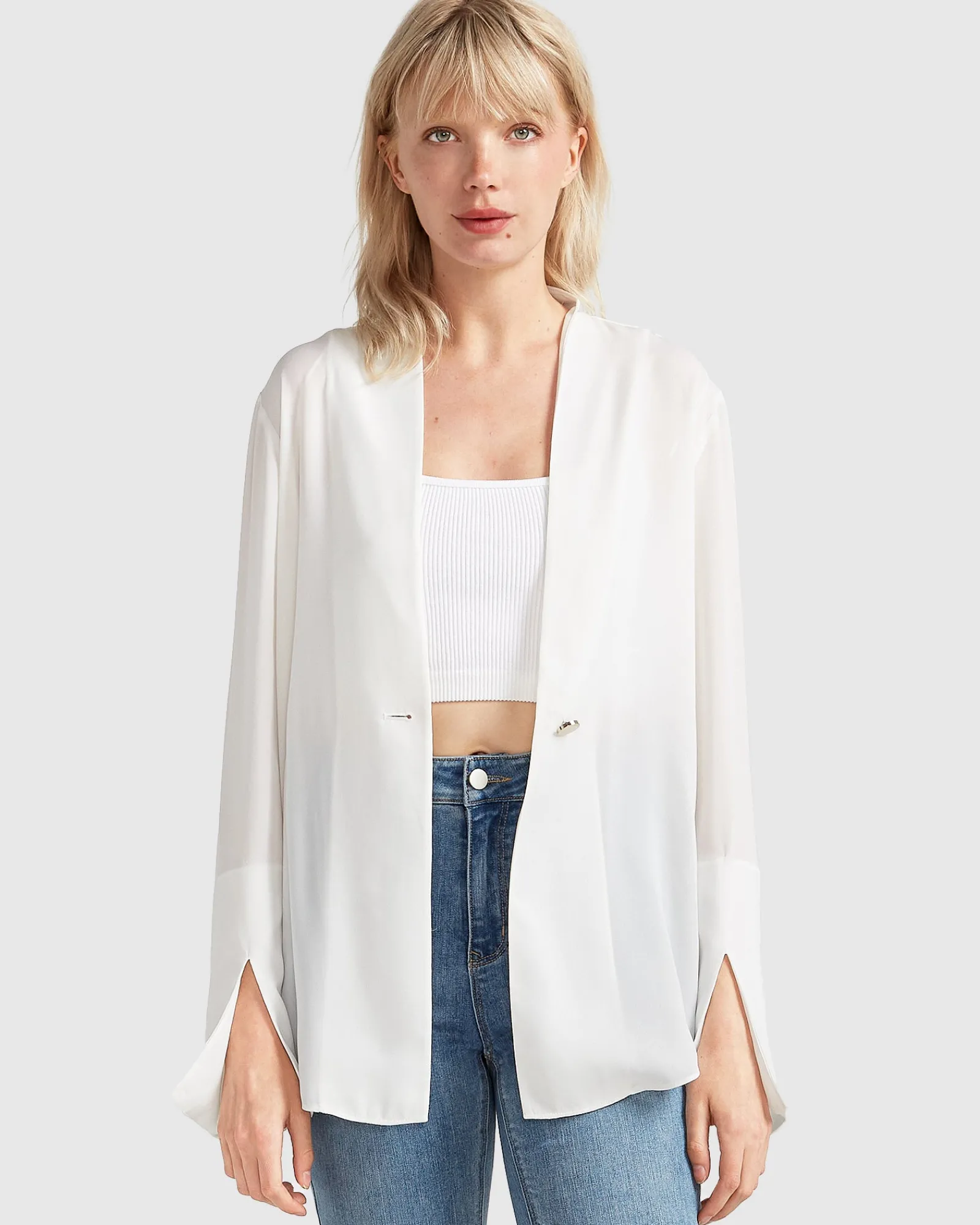 Clearance Belle & Bloom Sheer Genius Lightweight Blazer - White