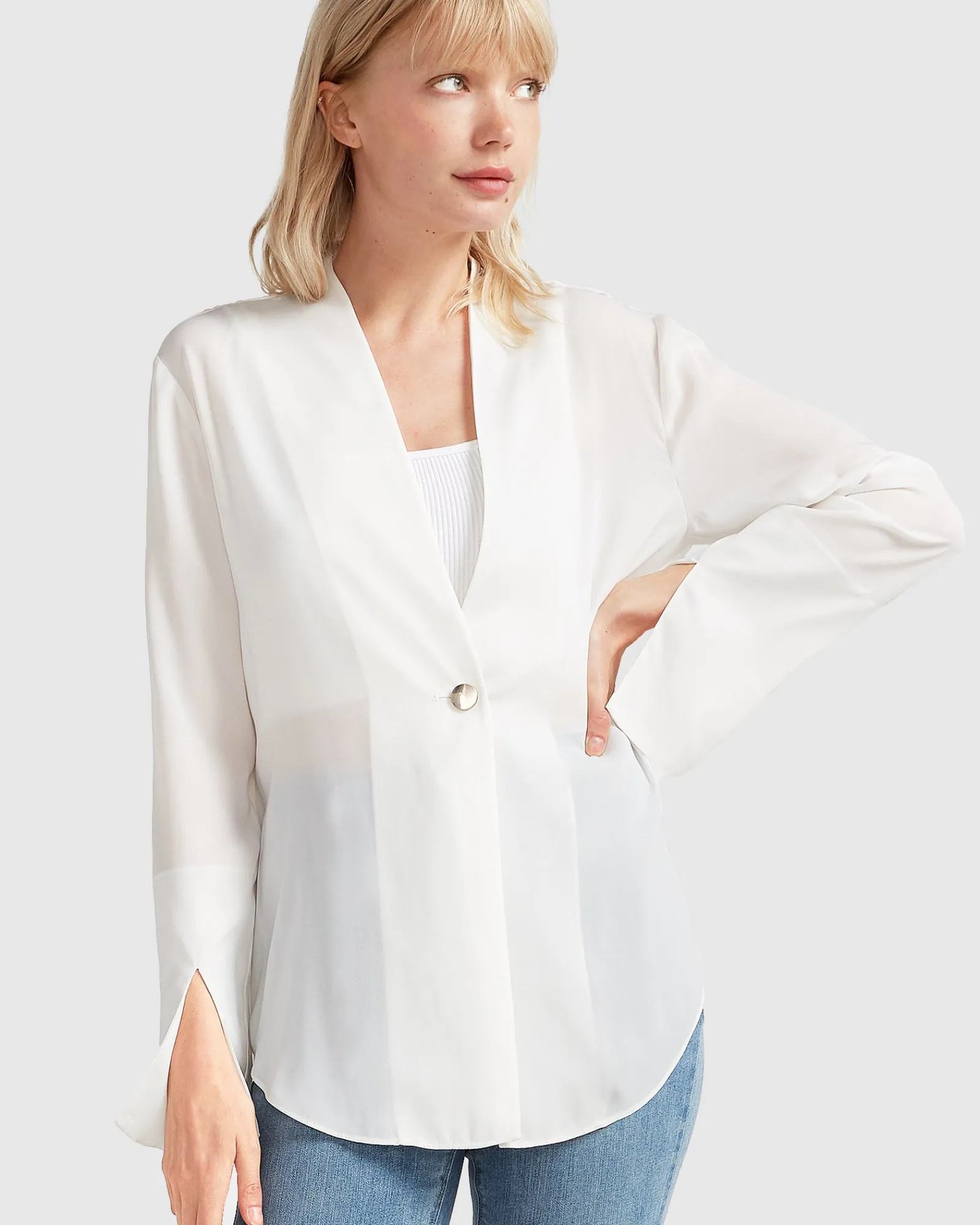 Clearance Belle & Bloom Sheer Genius Lightweight Blazer - White