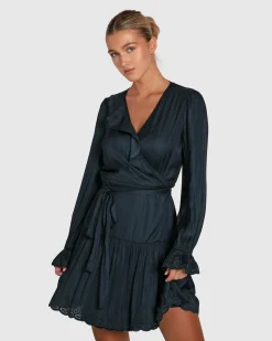New Belle & Bloom Wild Flower Embroidered Wrap Dress - Navy