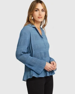 Outlet Belle & Bloom Yoko Shirred Chiffon Blouse - Dusty Blue FINAL SALE DustyBlueFINALSALE