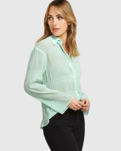 Sale Belle & Bloom Yoko Shirred Chiffon Blouse - Mint FINAL SALE MintFINALSALE