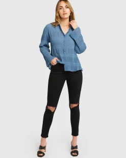 Outlet Belle & Bloom Yoko Shirred Chiffon Blouse - Dusty Blue FINAL SALE DustyBlueFINALSALE