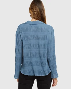 Outlet Belle & Bloom Yoko Shirred Chiffon Blouse - Dusty Blue FINAL SALE DustyBlueFINALSALE
