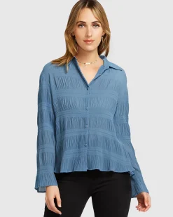 Outlet Belle & Bloom Yoko Shirred Chiffon Blouse - Dusty Blue FINAL SALE DustyBlueFINALSALE